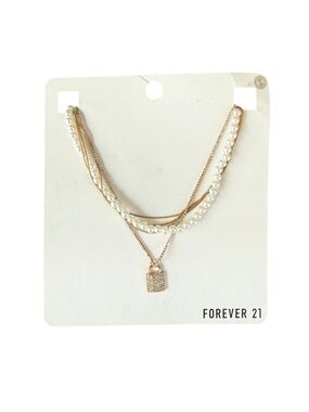 Forever 21 Faux Pearl Multistrand Necklace Rhinestone Lock Gold Tone NWT Layered